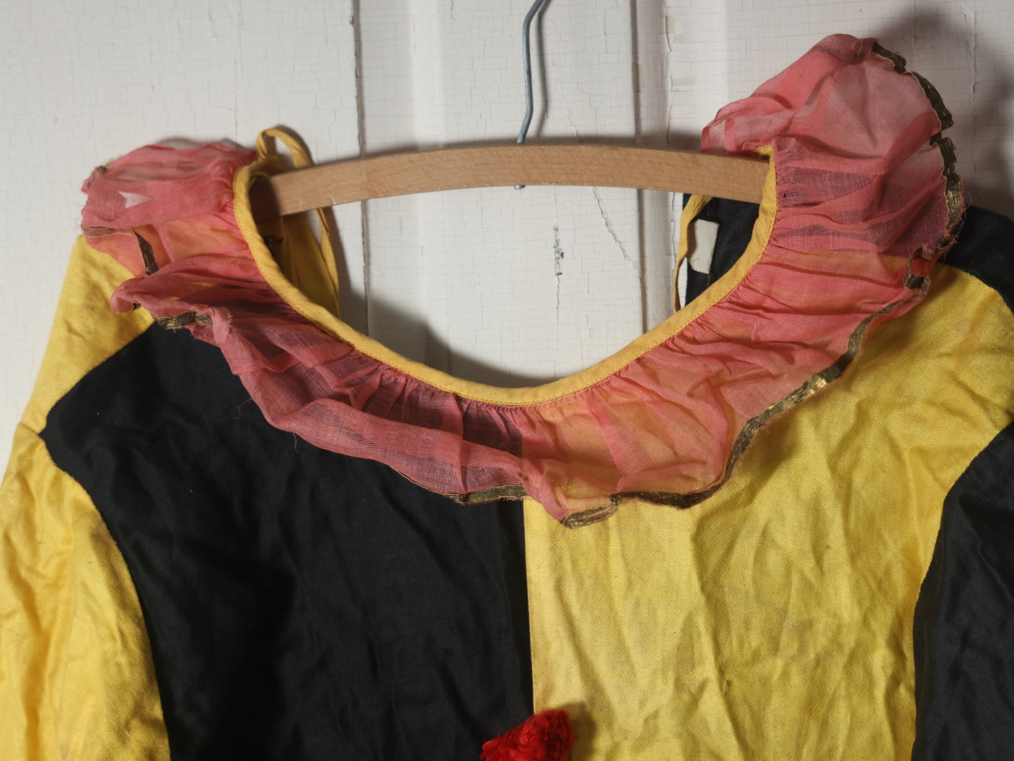 Lot 019 - Antique Yellow And Black Clown Costume With Red Pom Poms, Pink Collar (Approximate Measurements In Description)