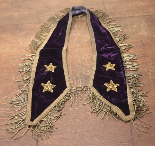 Lot 022 - Antique Purple Velvet Odd Fellows I.O.O.F. Sash Collar With Two Stars, Metal Fringe