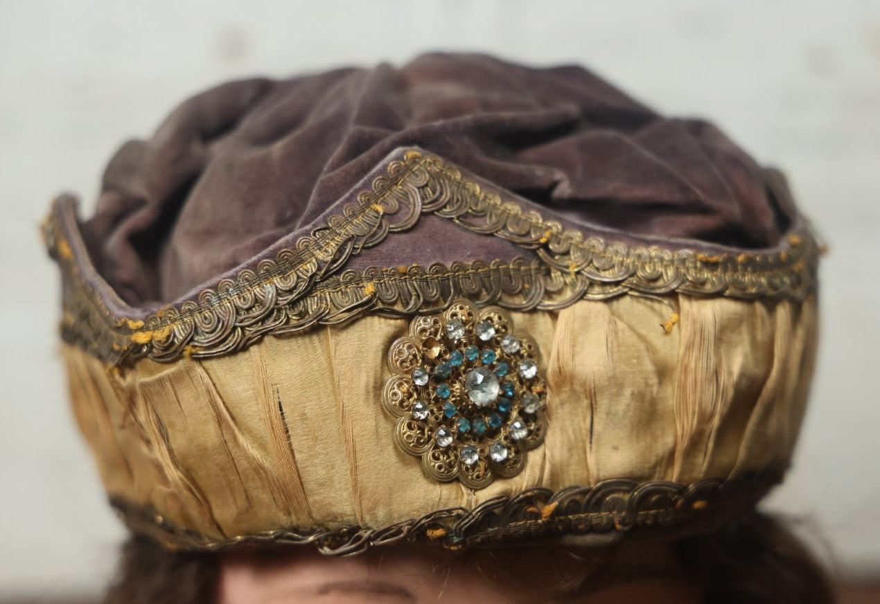 Lot 025 - Antique Fraternal Theatrical Medieval Hat With Jeweled Crest, Gold And Faded Purple, Note Wear Throughout