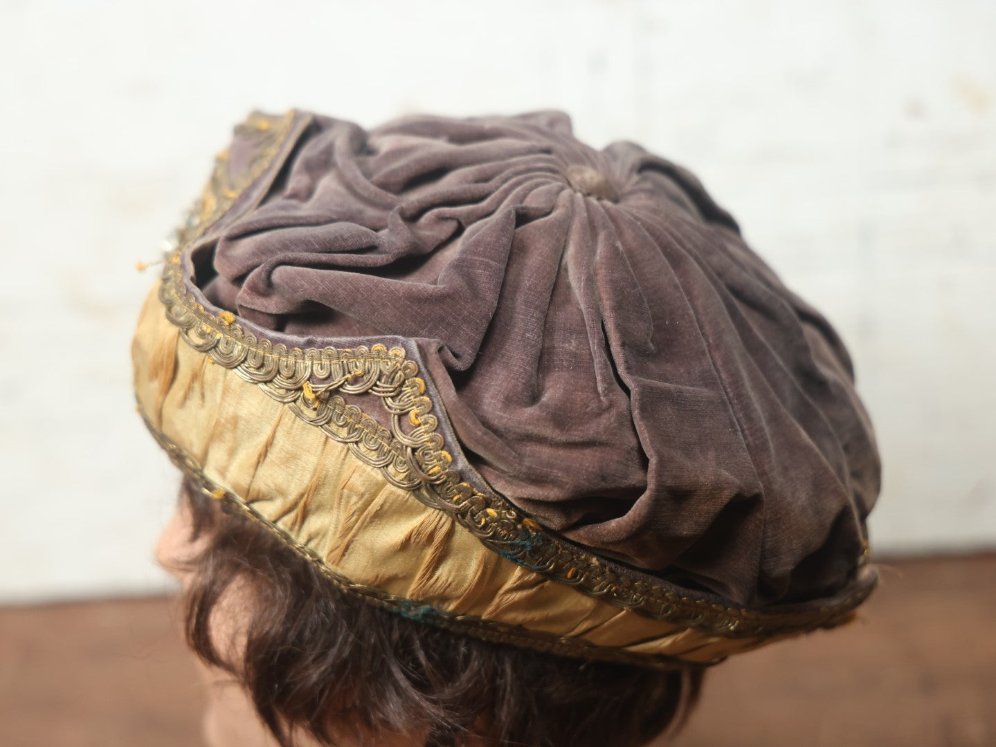 Lot 025 - Antique Fraternal Theatrical Medieval Hat With Jeweled Crest, Gold And Faded Purple, Note Wear Throughout