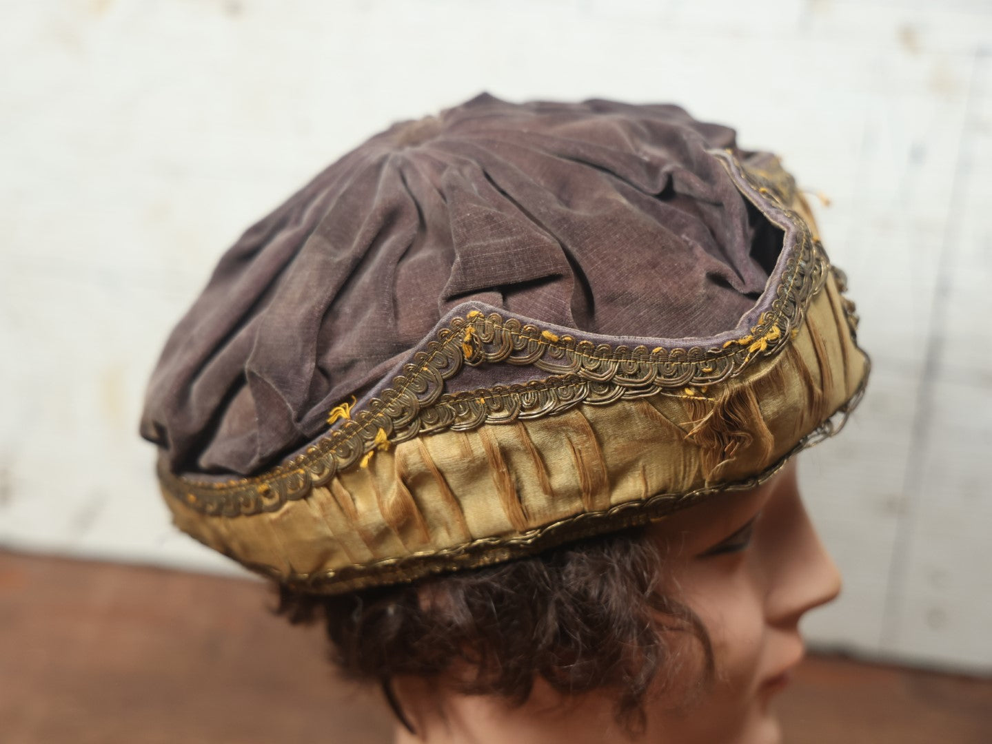 Lot 025 - Antique Fraternal Theatrical Medieval Hat With Jeweled Crest, Gold And Faded Purple, Note Wear Throughout