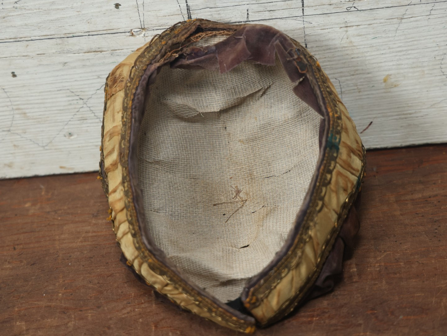 Lot 025 - Antique Fraternal Theatrical Medieval Hat With Jeweled Crest, Gold And Faded Purple, Note Wear Throughout