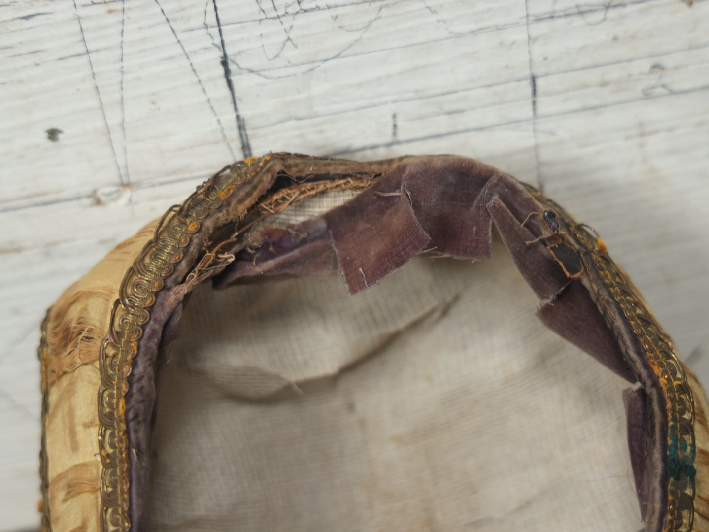 Lot 025 - Antique Fraternal Theatrical Medieval Hat With Jeweled Crest, Gold And Faded Purple, Note Wear Throughout