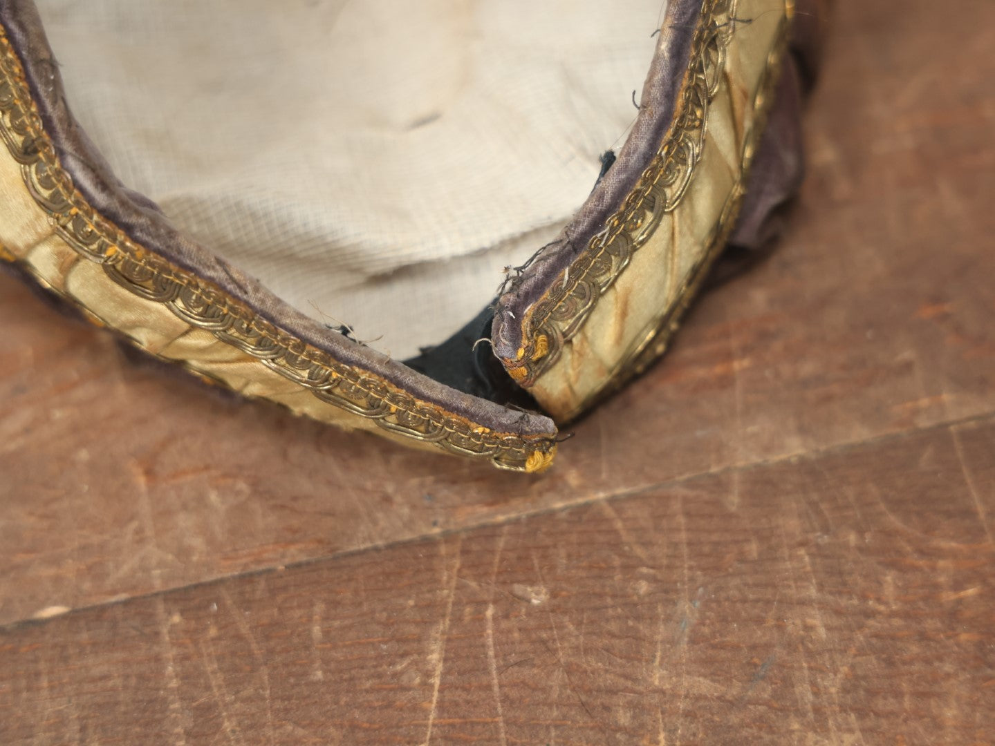 Lot 025 - Antique Fraternal Theatrical Medieval Hat With Jeweled Crest, Gold And Faded Purple, Note Wear Throughout