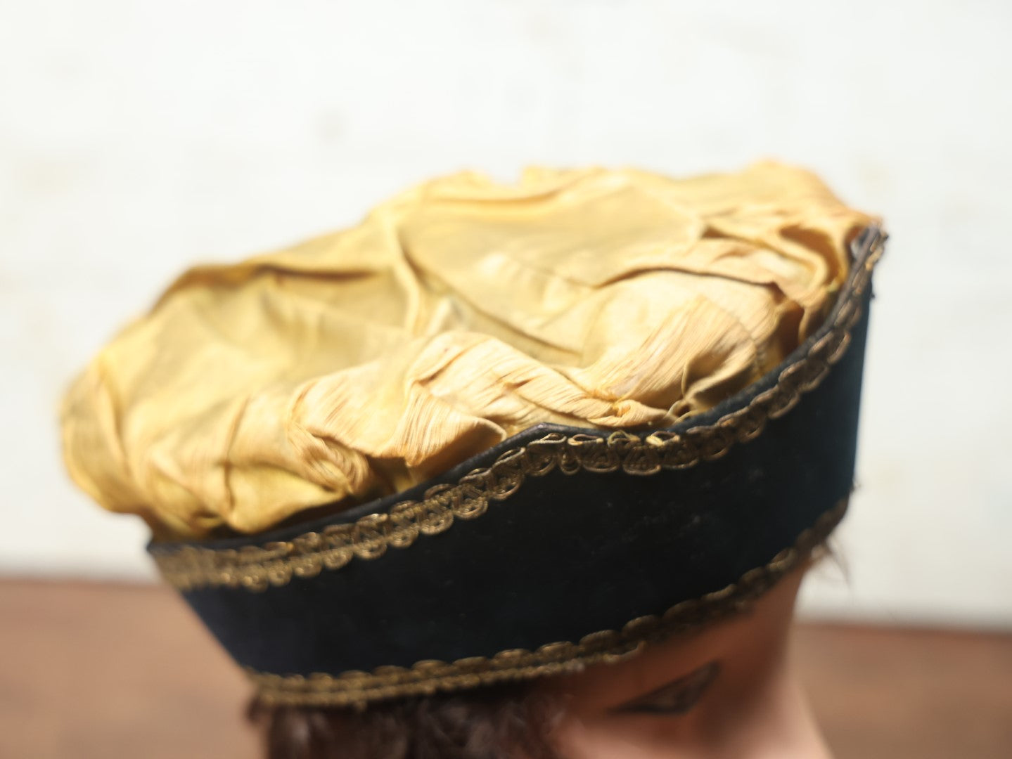 Lot 026 - Antique Fraternal Theatrical Medieval Hat, Crown, Gold And Black, Note Wear, Fraying Throughout