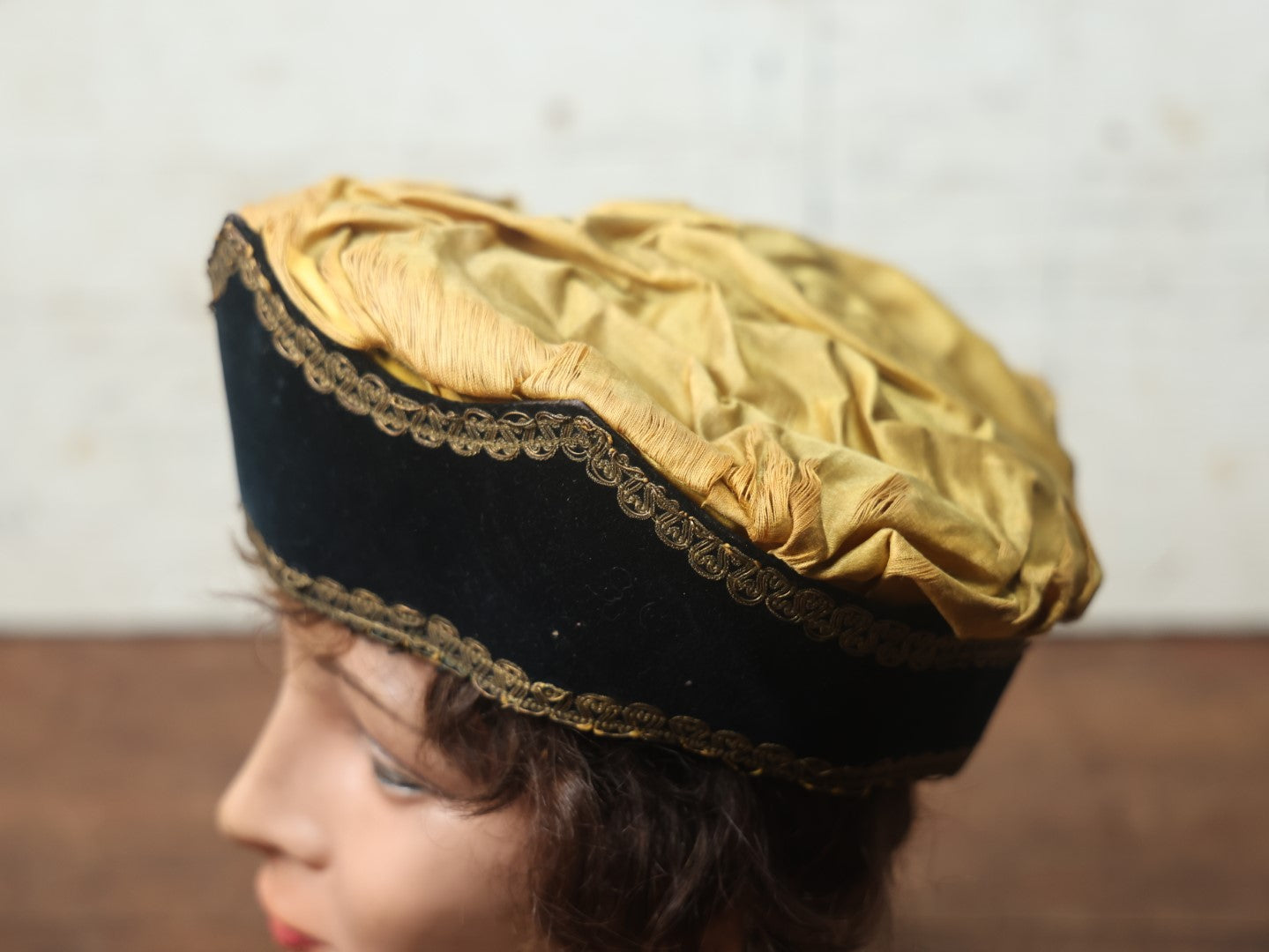 Lot 026 - Antique Fraternal Theatrical Medieval Hat, Crown, Gold And Black, Note Wear, Fraying Throughout