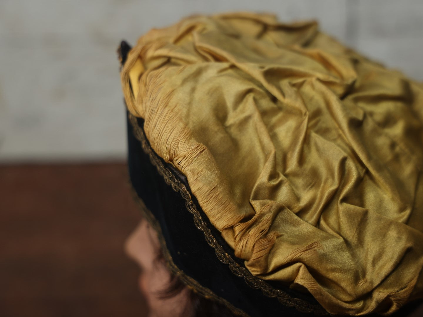 Lot 026 - Antique Fraternal Theatrical Medieval Hat, Crown, Gold And Black, Note Wear, Fraying Throughout