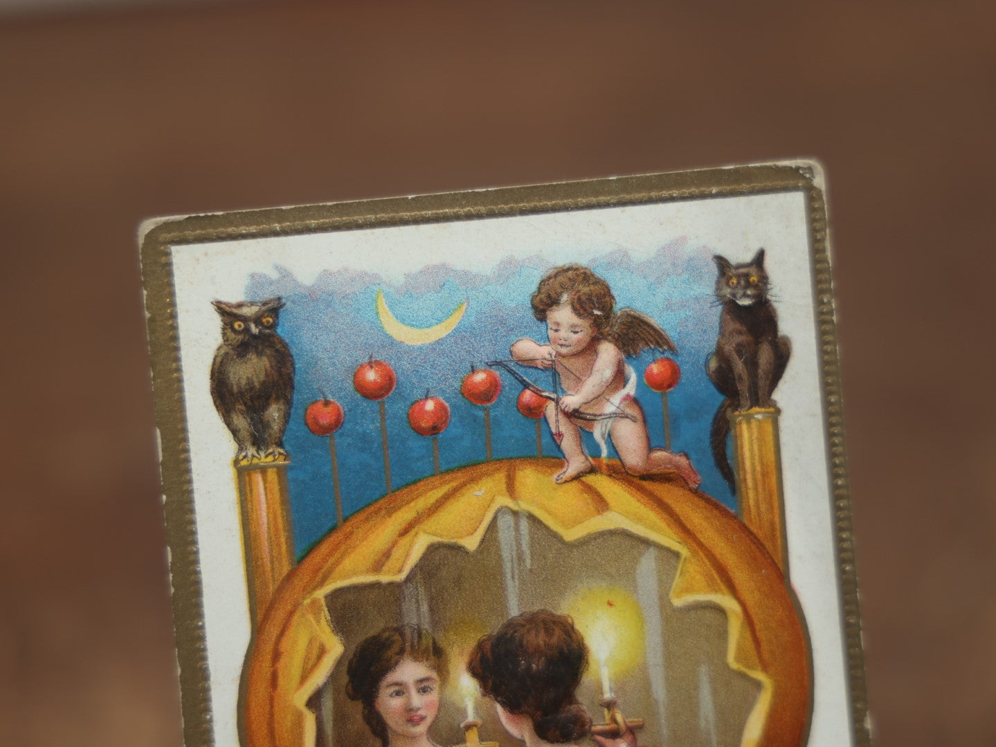 Lot 030 - Antique Embossed Halloween Postcard, "Wishing You A Lucky Halloween," Copyright 1910 By L.R. Conwell, Woman With Candle Looking In Pumpkin, Cupid, Black Cat, Owl, No Writing, Series 630