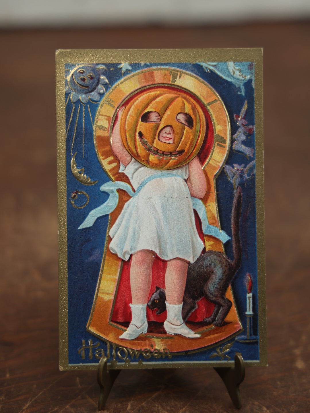 Lot 031 - Antique Embossed Halloween Postcard, Young Child With Head In Jack-O-Lantern Pumpkin, Black Cat, Halloween Series No. 3, No Writing