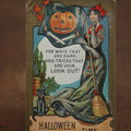 Lot 032 - Antique Embossed Halloween Postcard, Pretty Woman With Red Bow And Broom, Jack-O-Lantern Pumpkin Flag, Black Cat, "Halloween Time," Postmarked 1913, Writing