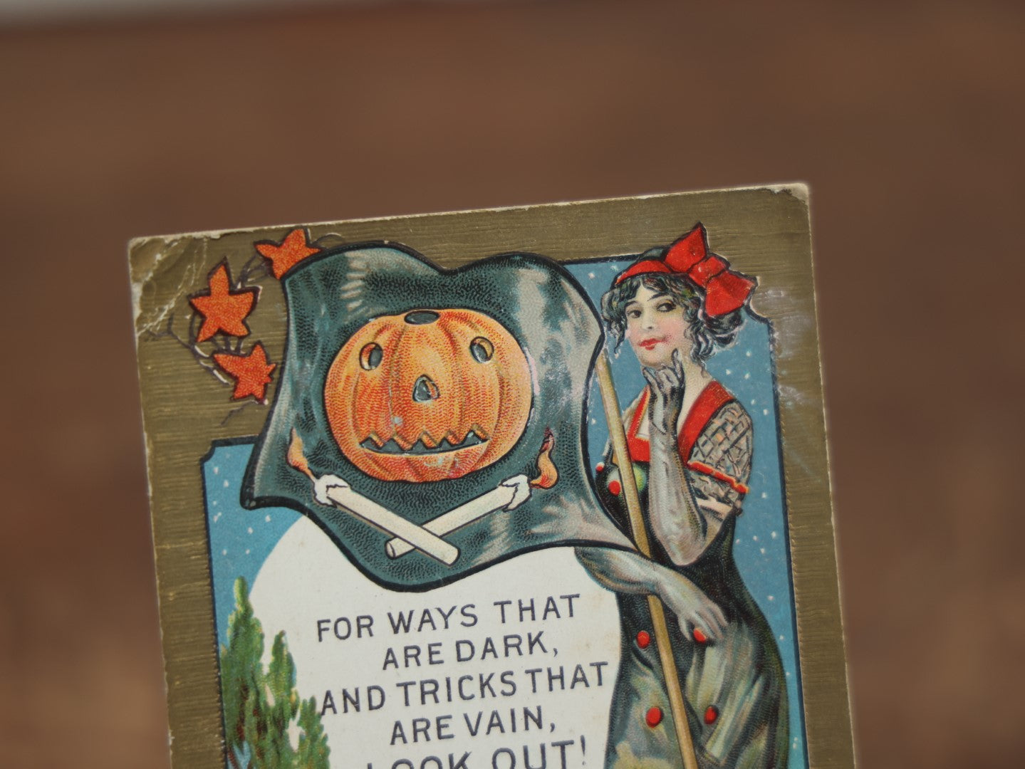 Lot 032 - Antique Embossed Halloween Postcard, Pretty Woman With Red Bow And Broom, Jack-O-Lantern Pumpkin Flag, Black Cat, "Halloween Time," Postmarked 1913, Writing