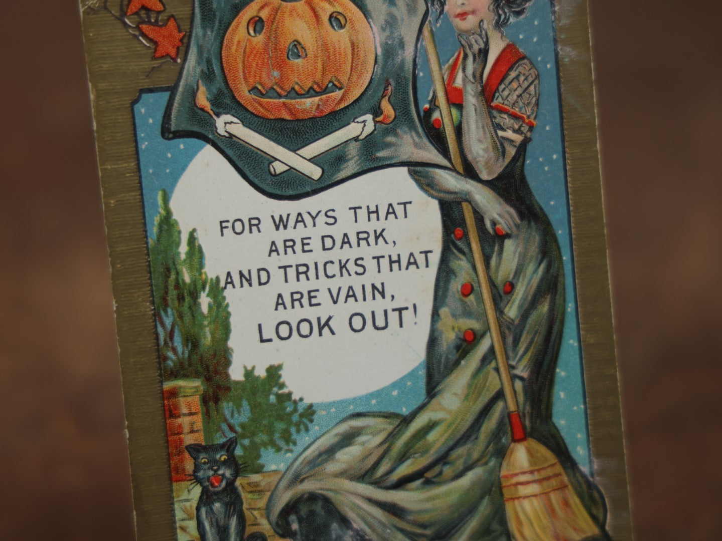 Lot 032 - Antique Embossed Halloween Postcard, Pretty Woman With Red Bow And Broom, Jack-O-Lantern Pumpkin Flag, Black Cat, "Halloween Time," Postmarked 1913, Writing