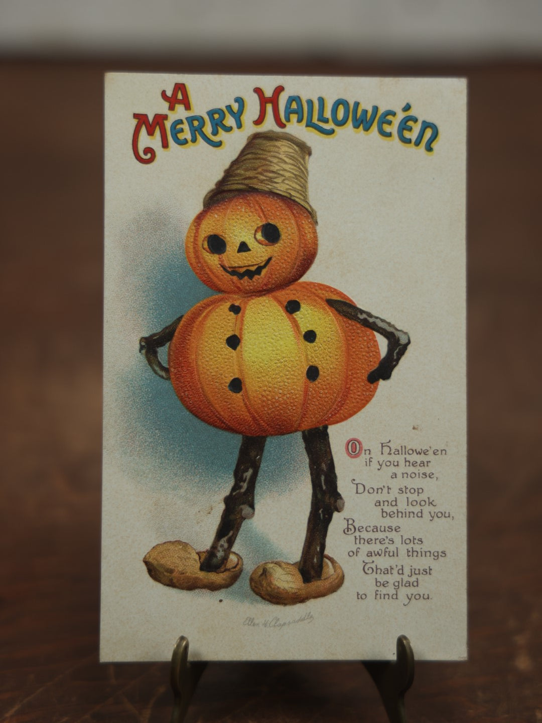 Lot 033 - Antique Embossed Halloween Postcard, Pumpkin Jack-O-Lantern Man, By Ellen Clapsaddle, "A Merry Halloween," Postmarked 1915, Printed In Germany, International Art Publishing Company, Series No. 1667