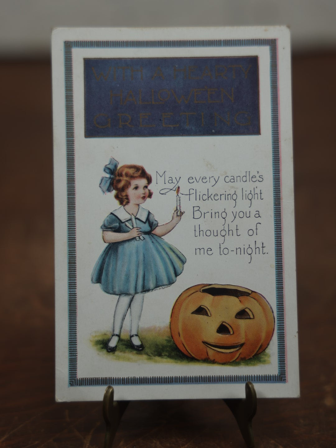 Lot 035 - Antique Embossed Halloween Postcard, "Hearty Halloween Greeting," Little Girl With Candles, Jack-O-Lantern Pumpkin, Writing, Dated 1920