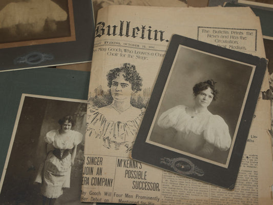 Lot 037 - Archive Collection Of Antique Cabinet Card And Boarded Photographs Of Actress May Gooch, Including Newspaper Write-Up, Fifteen Pieces