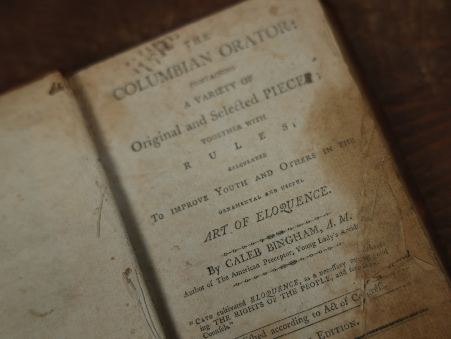 Lot 039 - "The Columbian Orator" Early 19th Century Book By Caleb Bingham, A.M., Instructional Book On The Art Of Eloquence, With Famous Speeches And Dialogues, Eighth Edition, 1817 