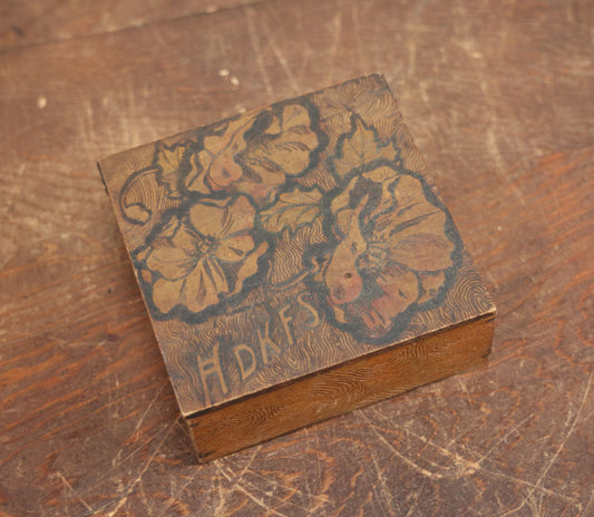 Lot 060 - Antique Wood Burned Pyrography Flemish Art Hinged Top Handkerchief Box