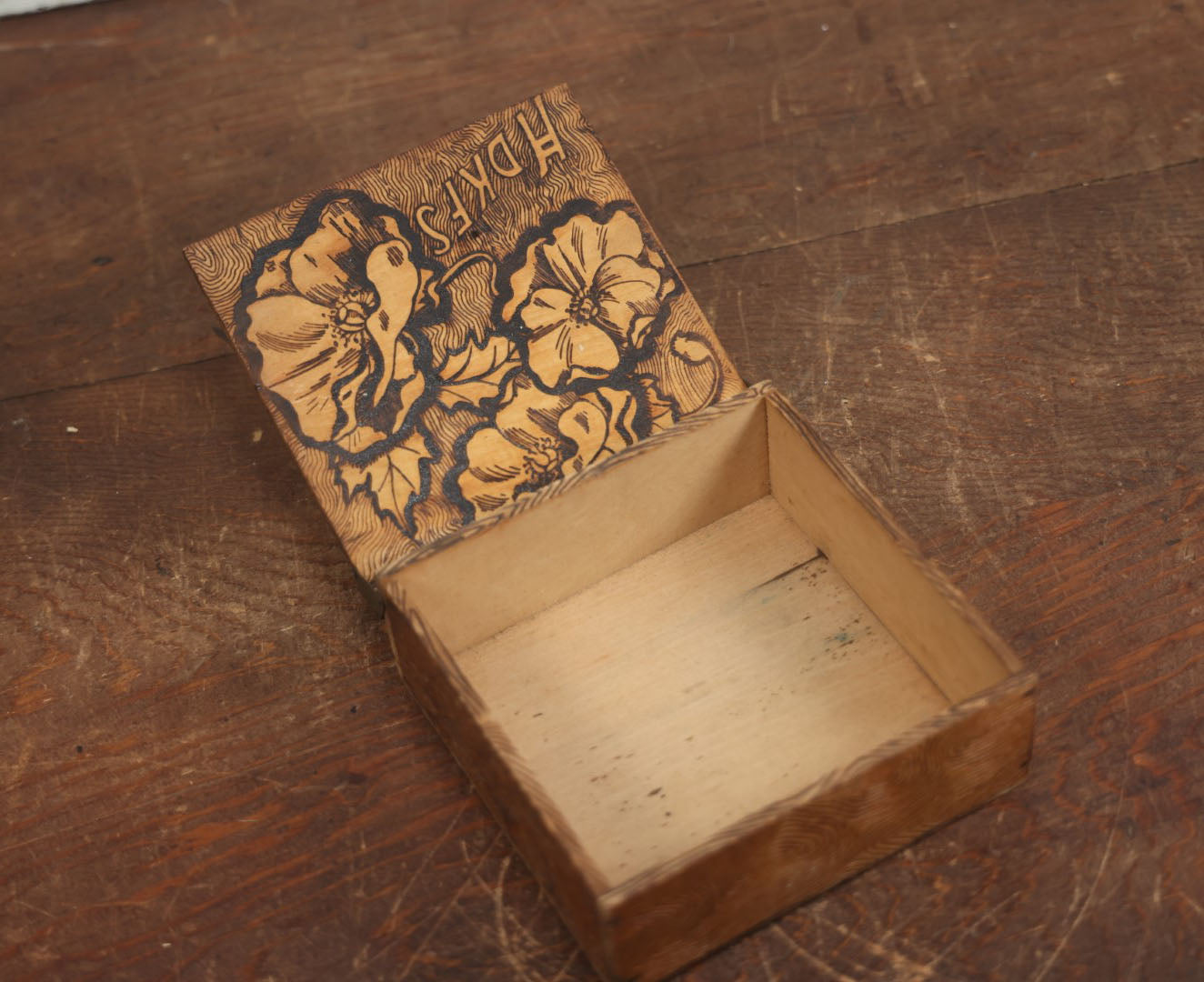 Lot 060 - Antique Wood Burned Pyrography Flemish Art Hinged Top Handkerchief Box