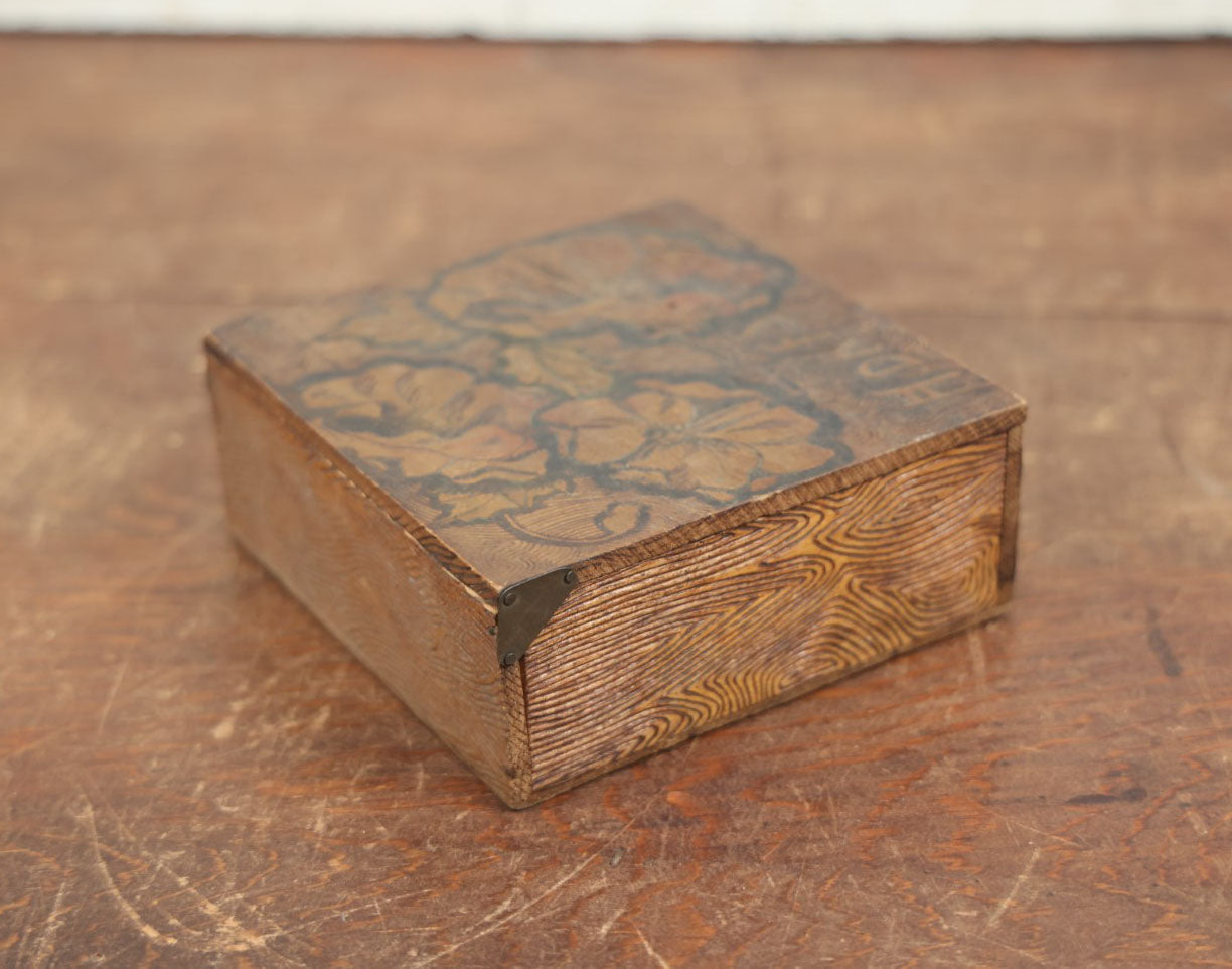 Lot 060 - Antique Wood Burned Pyrography Flemish Art Hinged Top Handkerchief Box