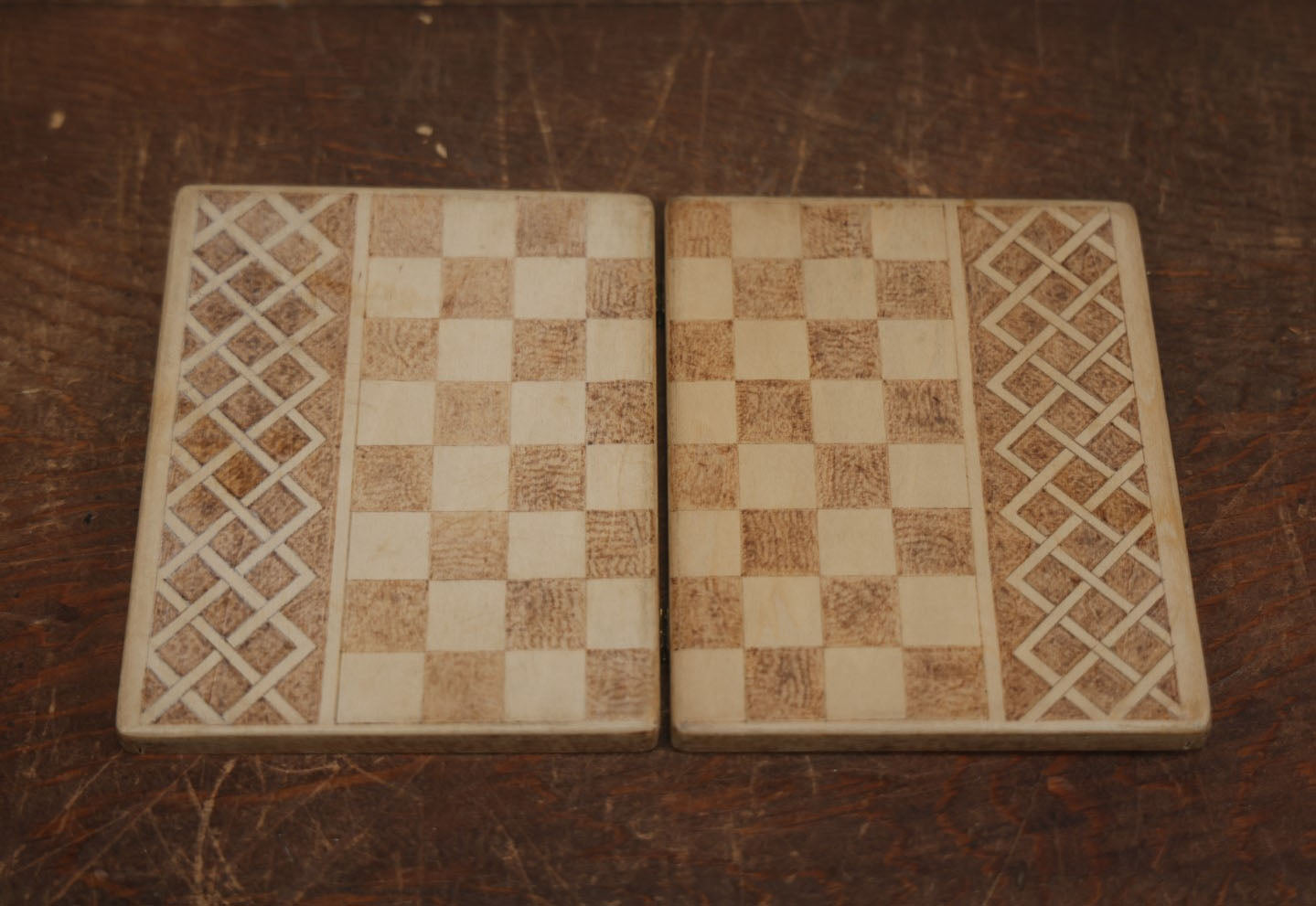 Lot 061 - Antique Wood Burned Pyrography Flemish Art Checkers, Chess, And Backgammon Travel Game Board