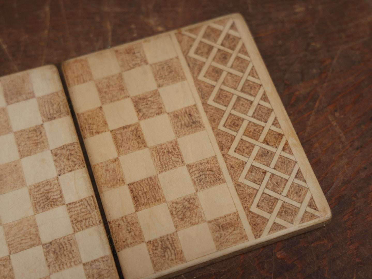 Lot 061 - Antique Wood Burned Pyrography Flemish Art Checkers, Chess, And Backgammon Travel Game Board