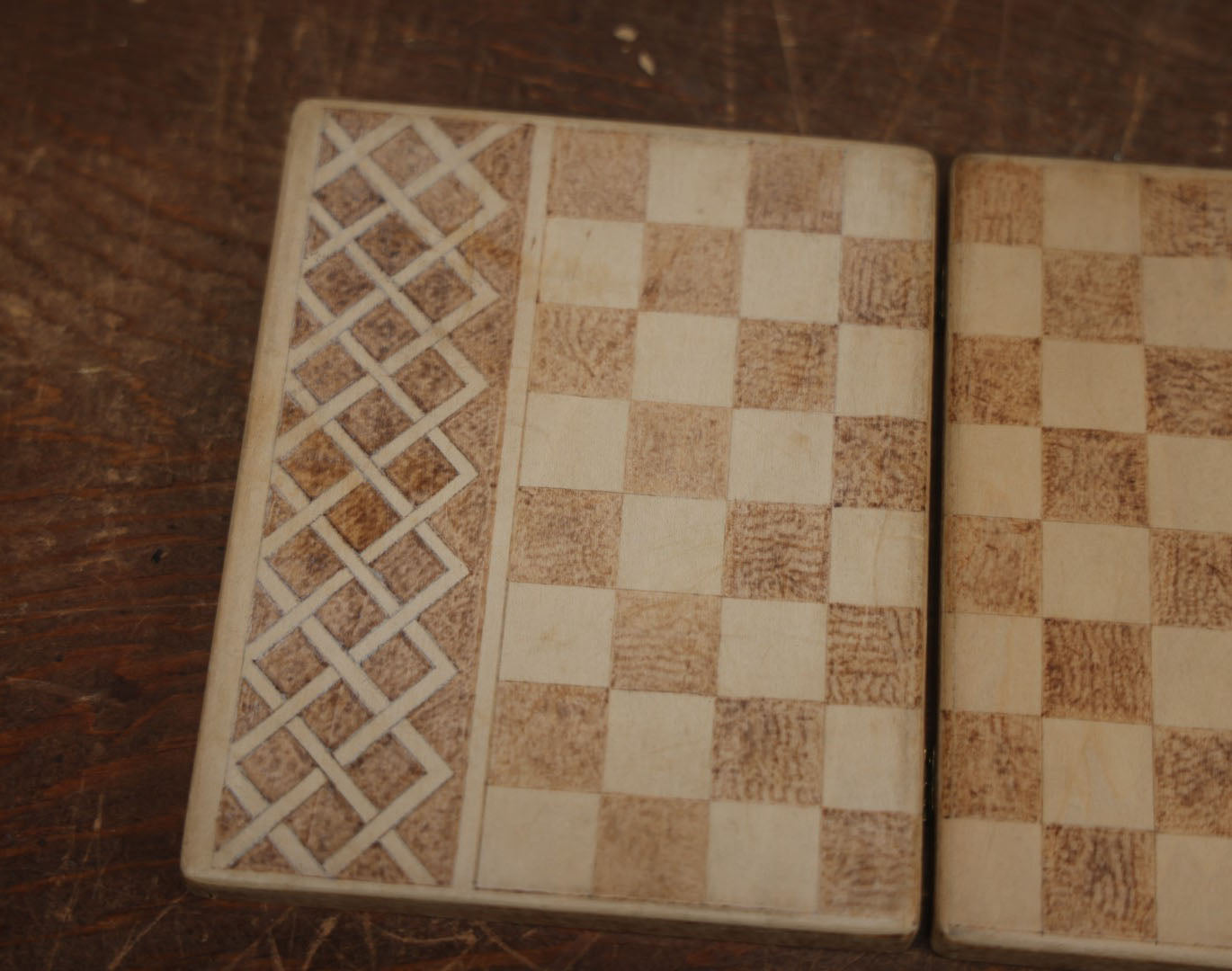 Lot 061 - Antique Wood Burned Pyrography Flemish Art Checkers, Chess, And Backgammon Travel Game Board