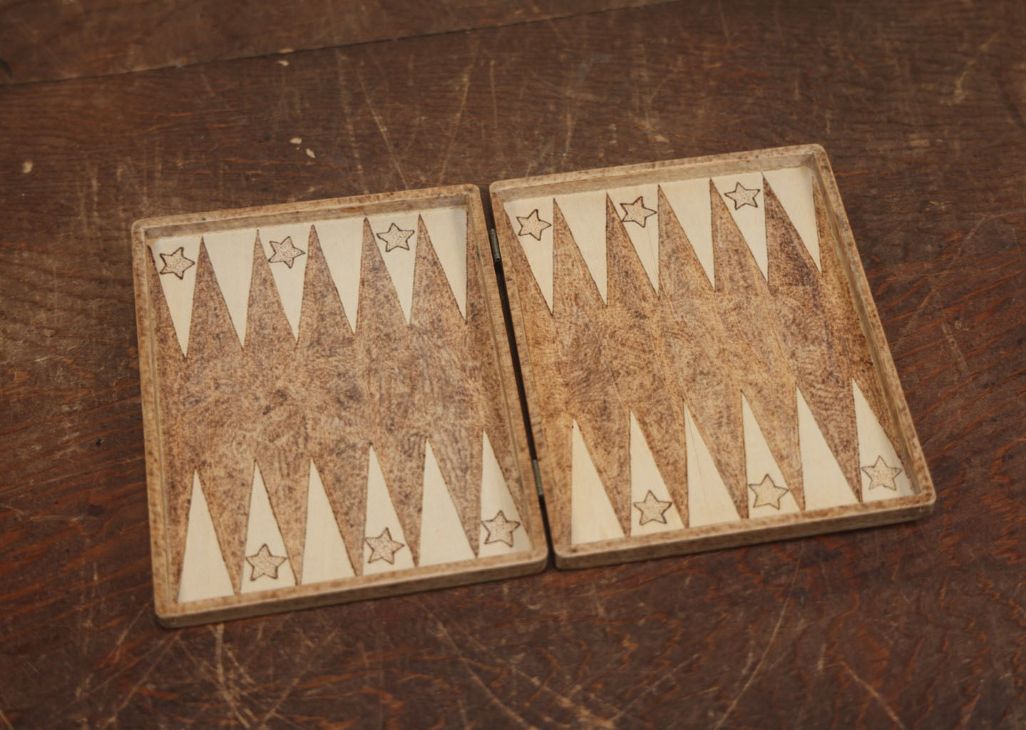 Lot 061 - Antique Wood Burned Pyrography Flemish Art Checkers, Chess, And Backgammon Travel Game Board