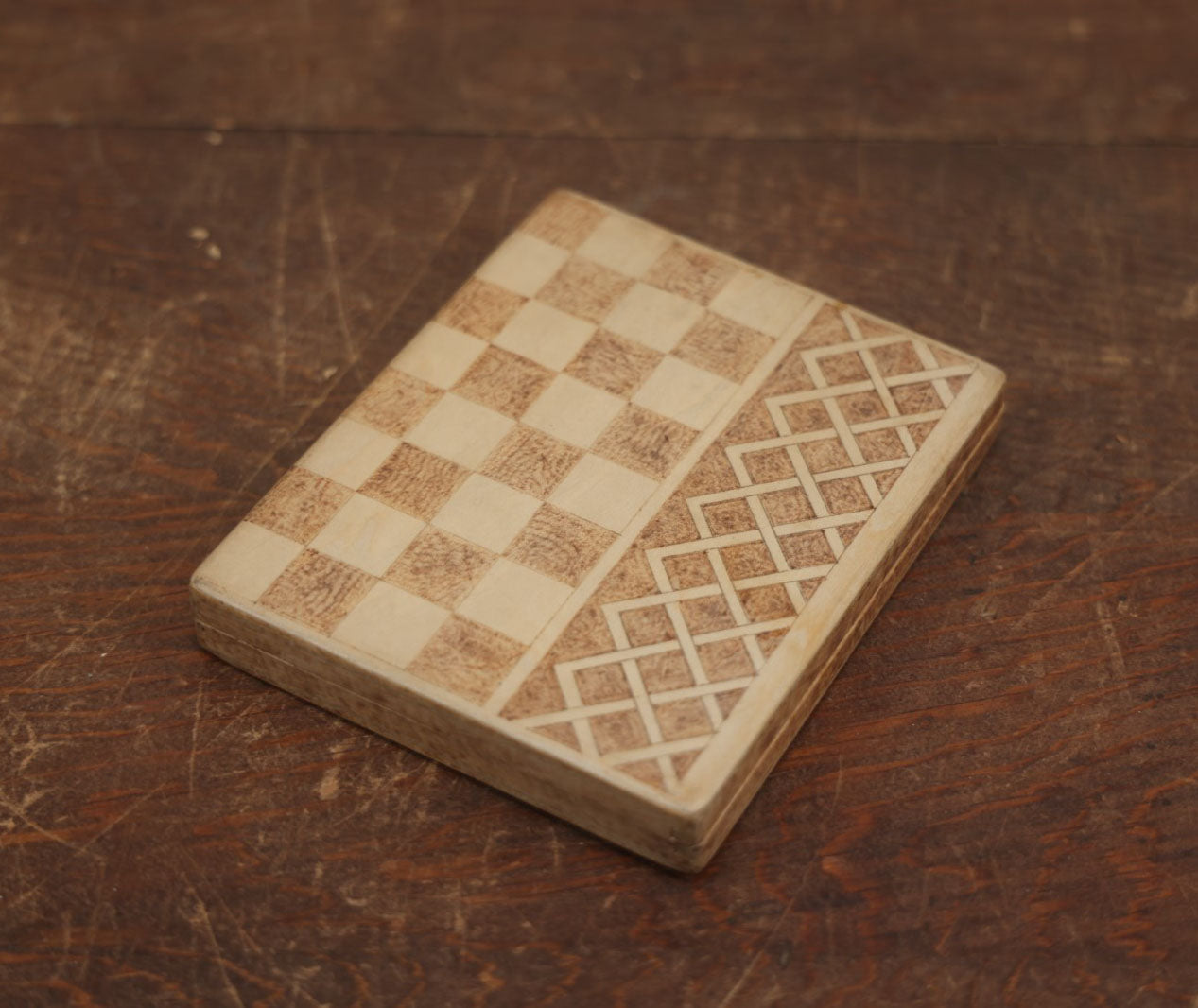 Lot 061 - Antique Wood Burned Pyrography Flemish Art Checkers, Chess, And Backgammon Travel Game Board