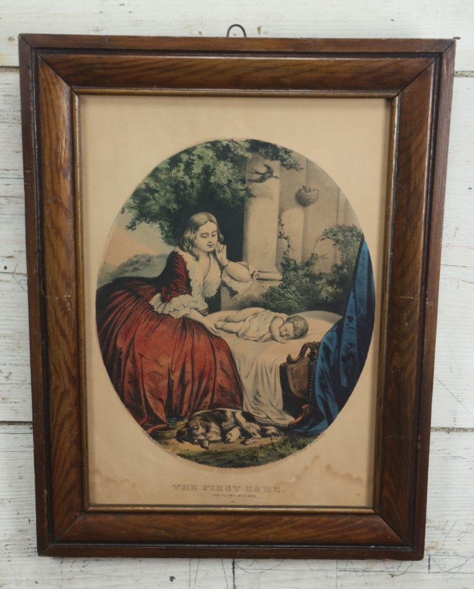 Lot 062 - Antique Hand Colored Lithograph Print Of Mother, Child, And Dog, "The First Care, The Young Mother," Published By Currier & Ives