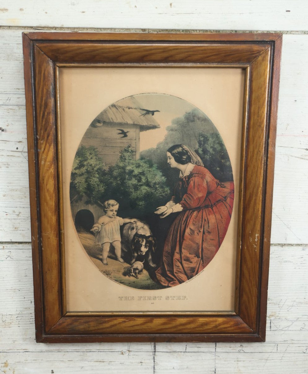 Lot 063 - Antique Hand Colored Lithograph Print Of Mother, Child, And Dog, "The First Step," Published By Currier & Ives