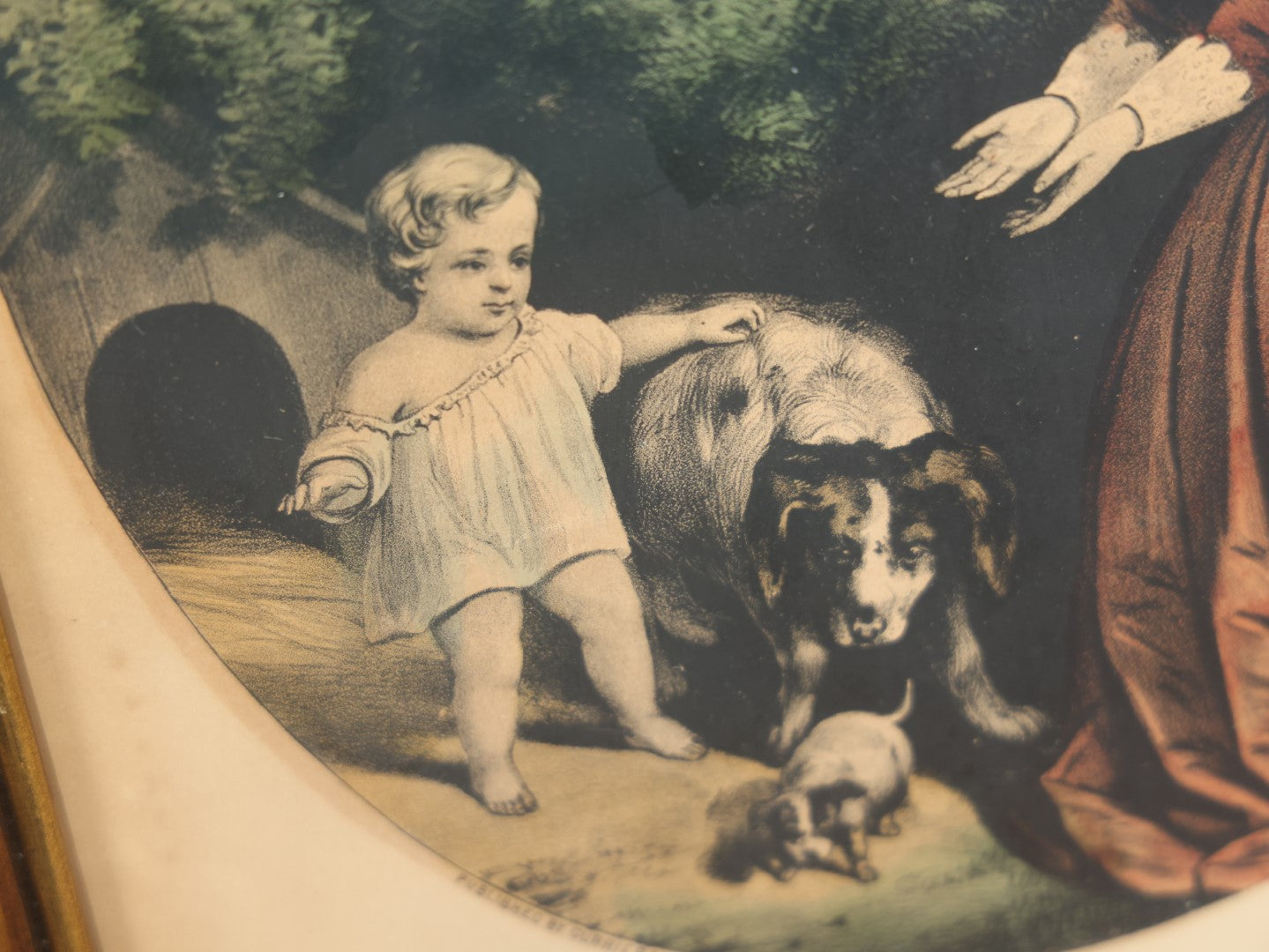 Lot 063 - Antique Hand Colored Lithograph Print Of Mother, Child, And Dog, "The First Step," Published By Currier & Ives