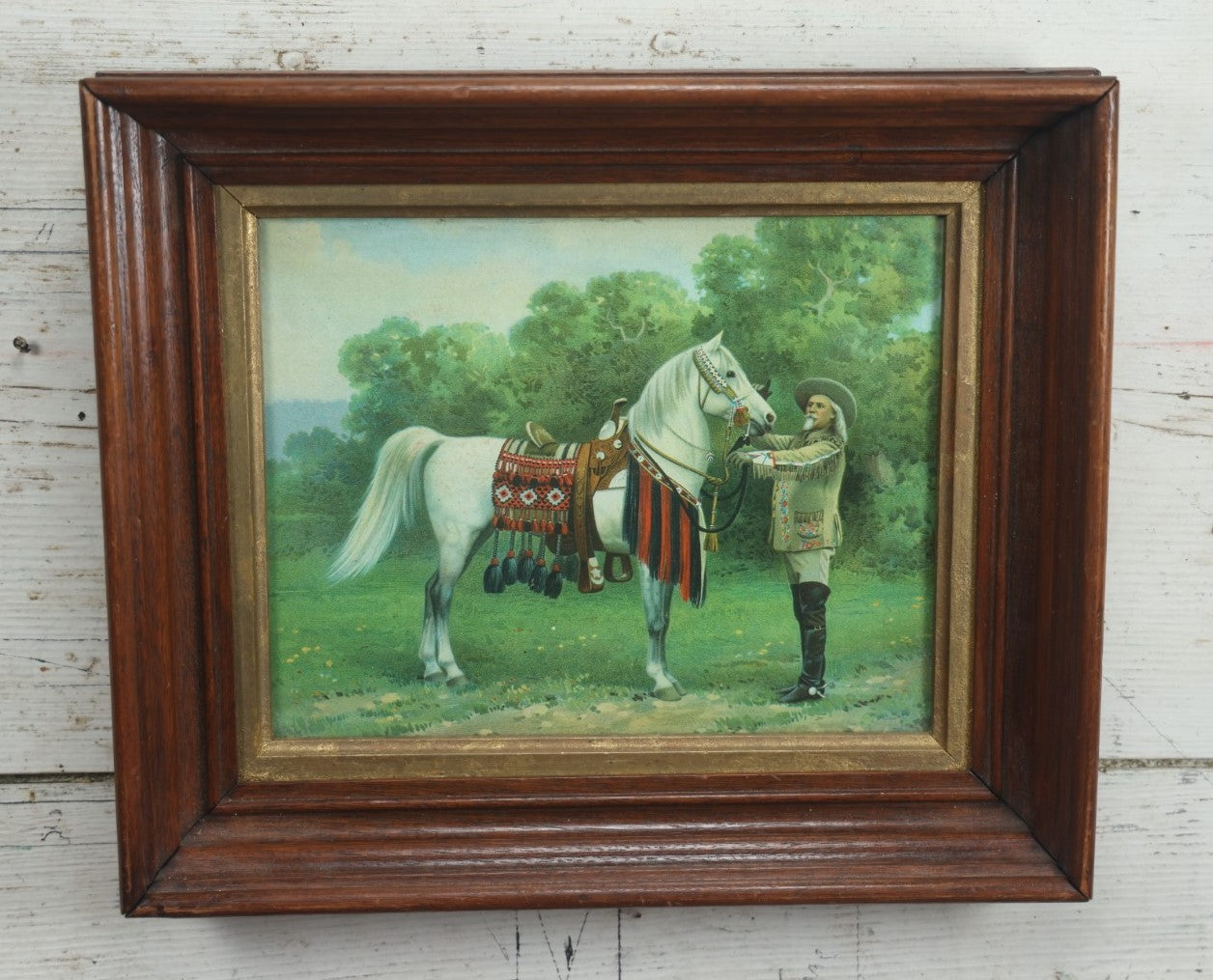 Lot 064 - Antique Chromolithograph Print Of Wild Buffalo Bill And Horse, In Deep Wood Frame