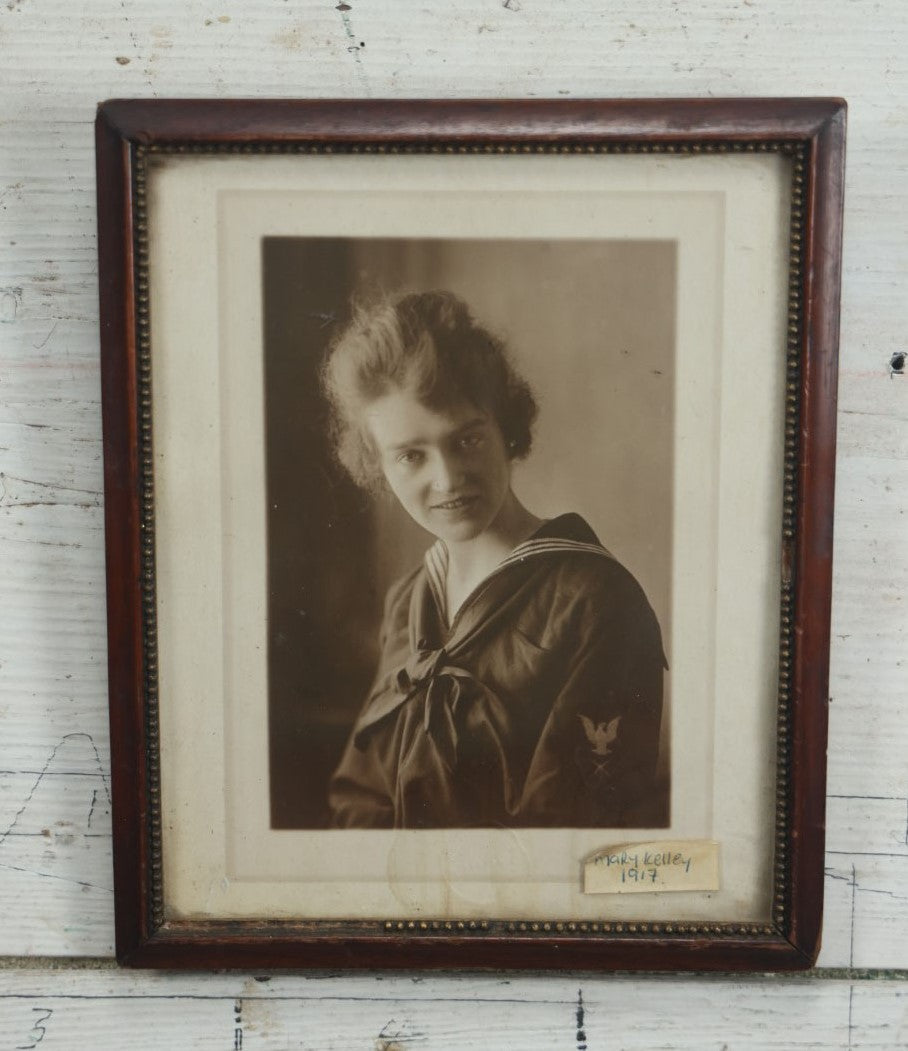 Lot 065 - Antique Photo Of Pretty Young Woman In Navy Sailor's Outfit, Sticker Identifies Her As Mary Kelley, 1917