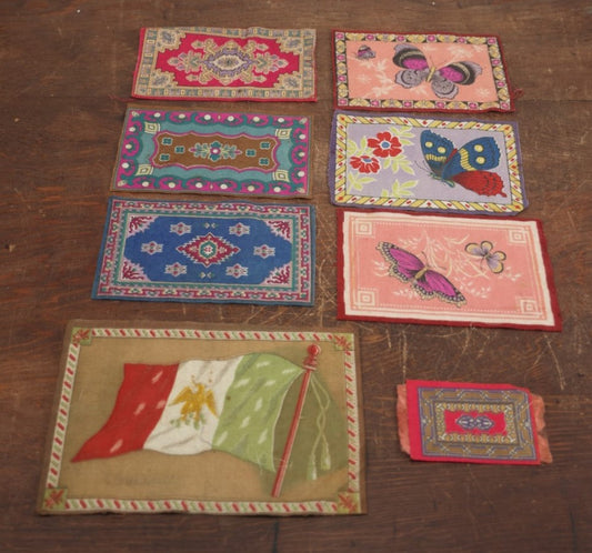 Lot 067 - Grouping Of Eight Antique Tobacco Felts Including Mexican Flag, Butterflies, Patterns, Varying Sizes