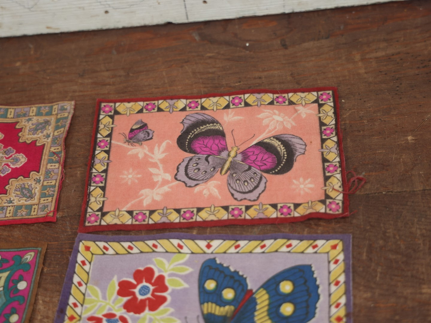 Lot 067 - Grouping Of Eight Antique Tobacco Felts Including Mexican Flag, Butterflies, Patterns, Varying Sizes