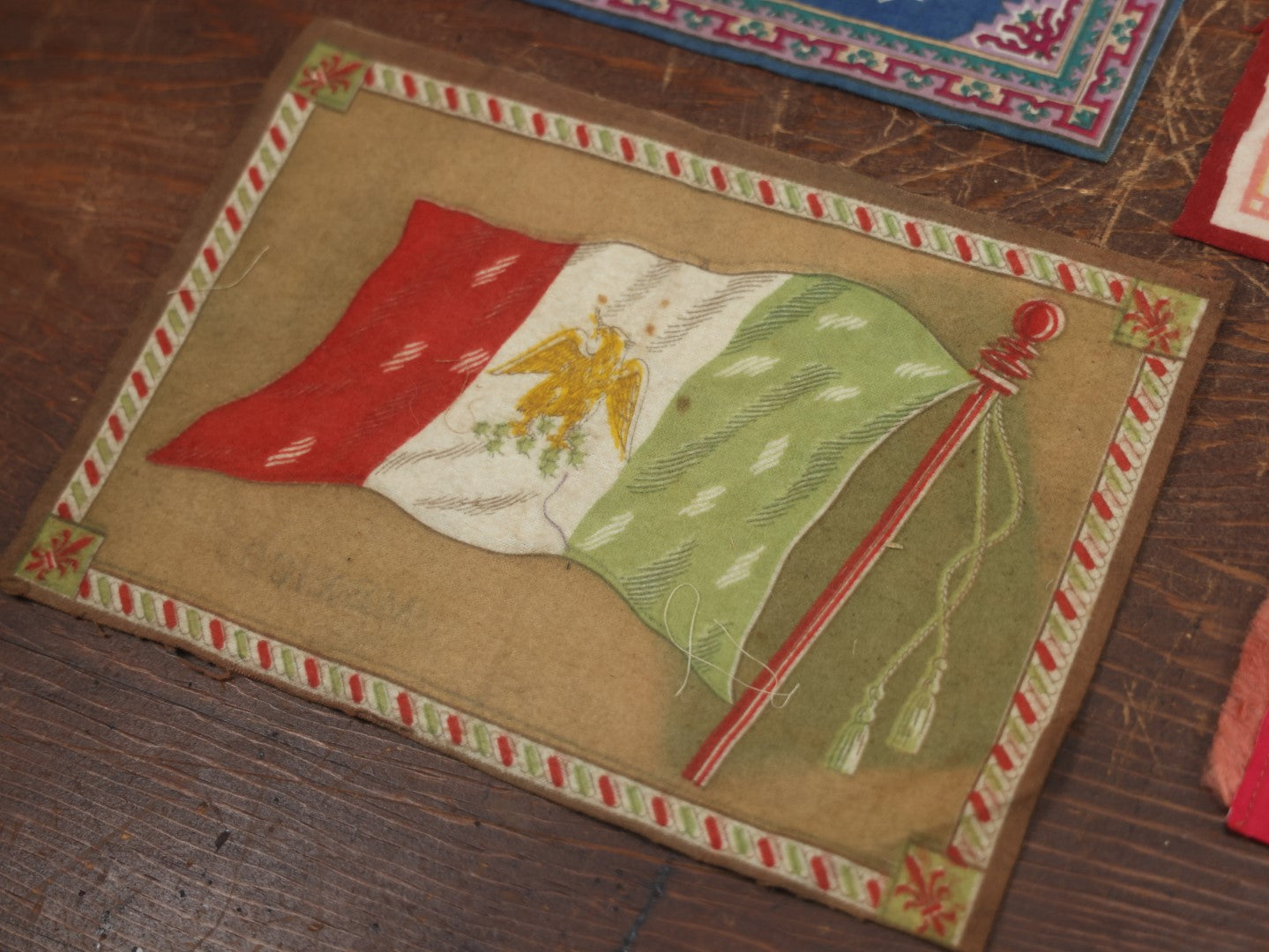 Lot 067 - Grouping Of Eight Antique Tobacco Felts Including Mexican Flag, Butterflies, Patterns, Varying Sizes