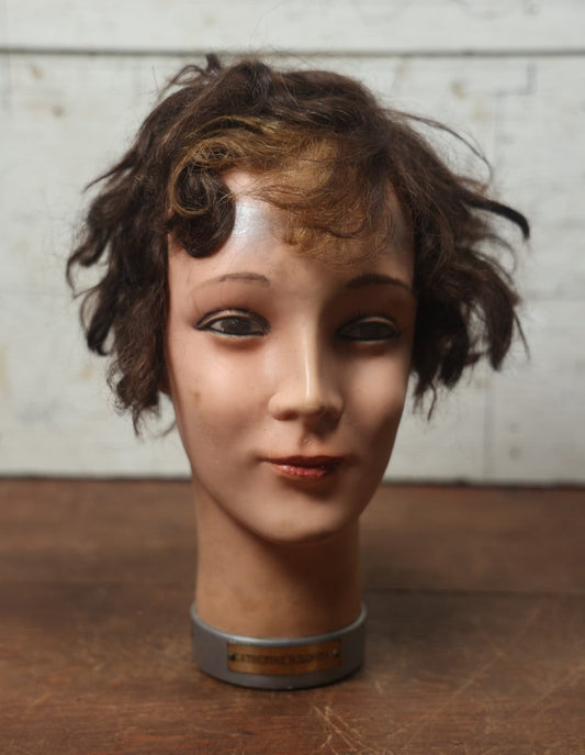 Lot 074 - Vintage Makeup And Hair Mannequin Head With Brass Name Badge, Engraved Catherine Solomon, Marked A.K.O., Made In Germany