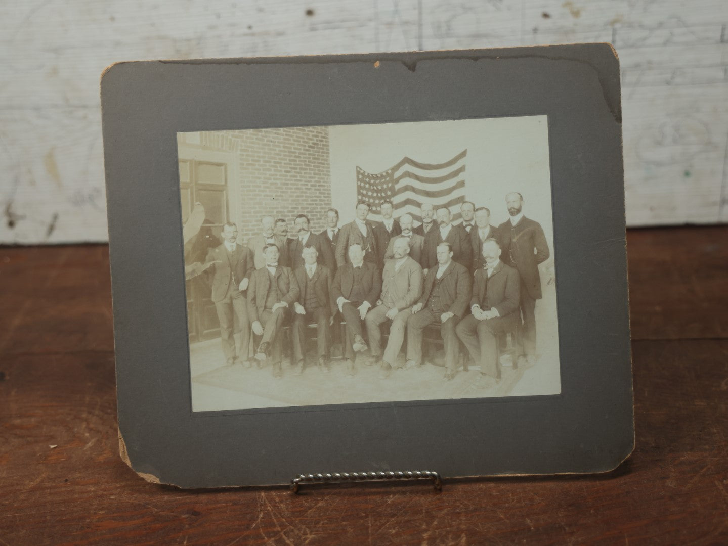 Lot 079 - Antique Boarded Photo Of A Group Of Men In Front Of A 45 Star American Flag