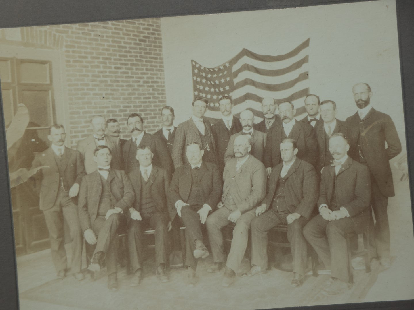 Lot 079 - Antique Boarded Photo Of A Group Of Men In Front Of A 45 Star American Flag