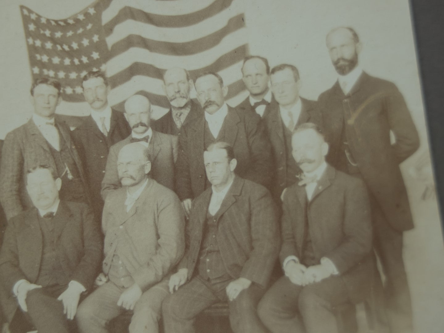 Lot 079 - Antique Boarded Photo Of A Group Of Men In Front Of A 45 Star American Flag