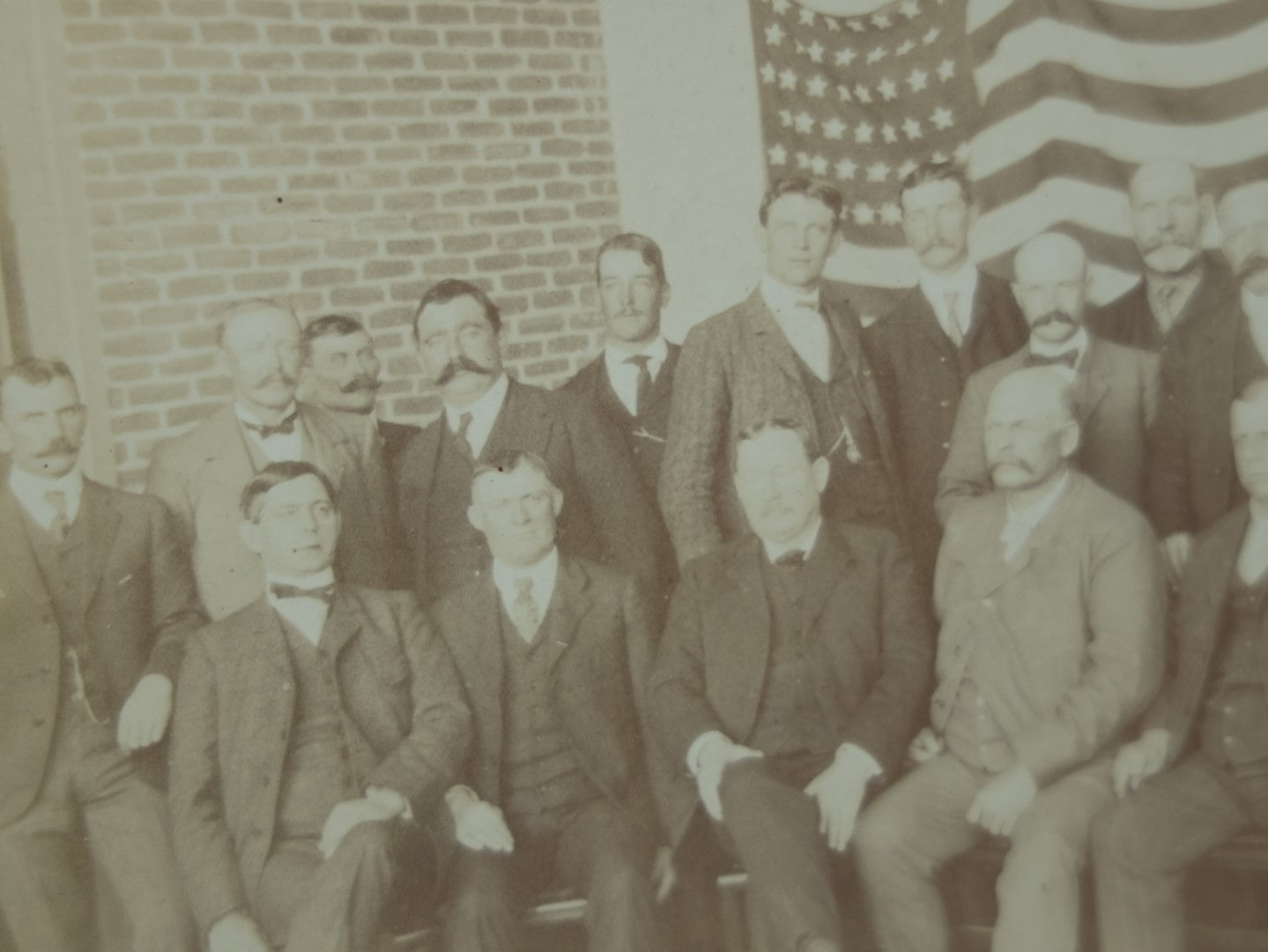 Lot 079 - Antique Boarded Photo Of A Group Of Men In Front Of A 45 Star American Flag