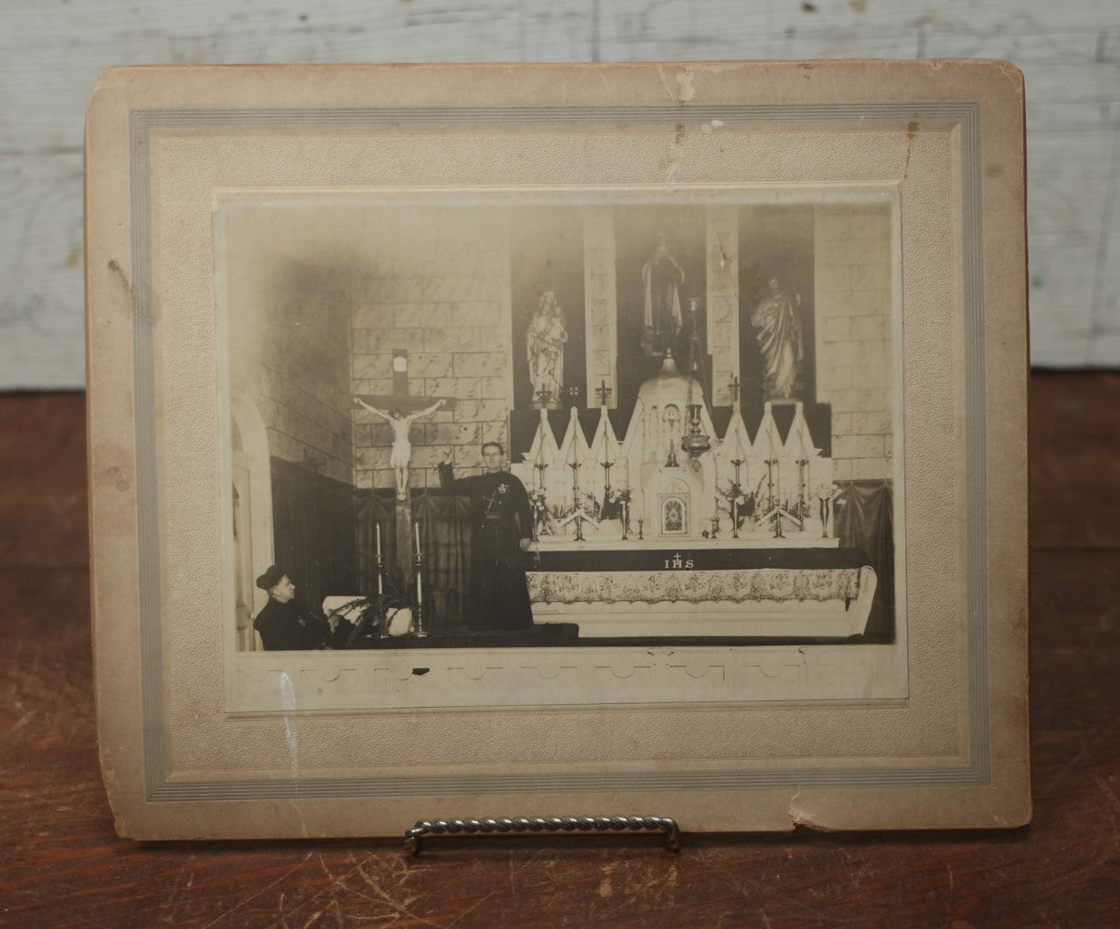 Lot 080 - Antique Boarded Photo Of A Church Altar With Two Priests, Back Marked Lee Seibert 