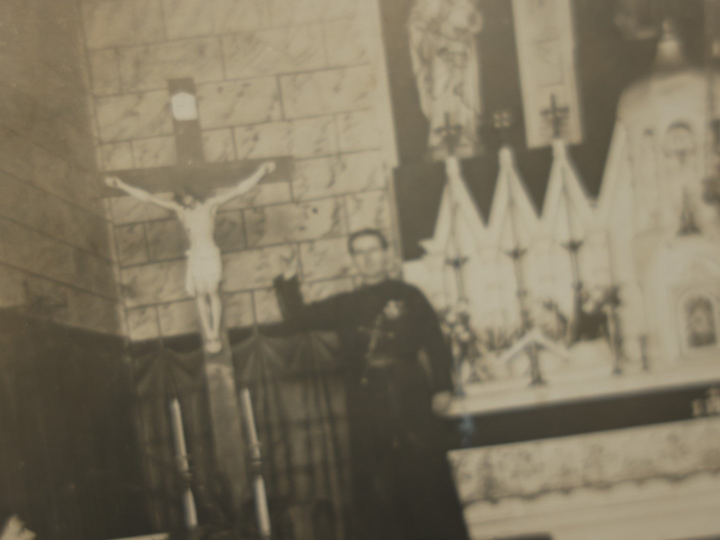 Lot 080 - Antique Boarded Photo Of A Church Altar With Two Priests, Back Marked Lee Seibert 