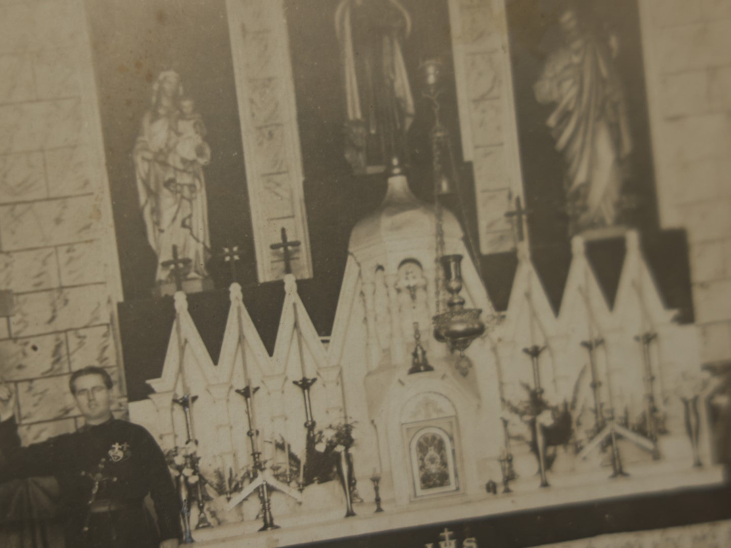 Lot 080 - Antique Boarded Photo Of A Church Altar With Two Priests, Back Marked Lee Seibert 