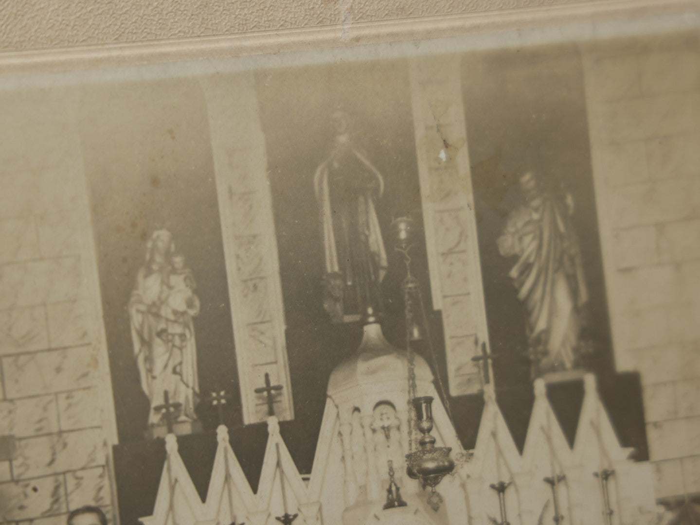 Lot 080 - Antique Boarded Photo Of A Church Altar With Two Priests, Back Marked Lee Seibert 