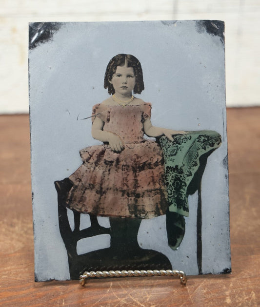 Lot 084 - Antique Full Plate Tintype Photograph Of A Little Girl In A Dress, Hand Tinted Color, Pink, Green