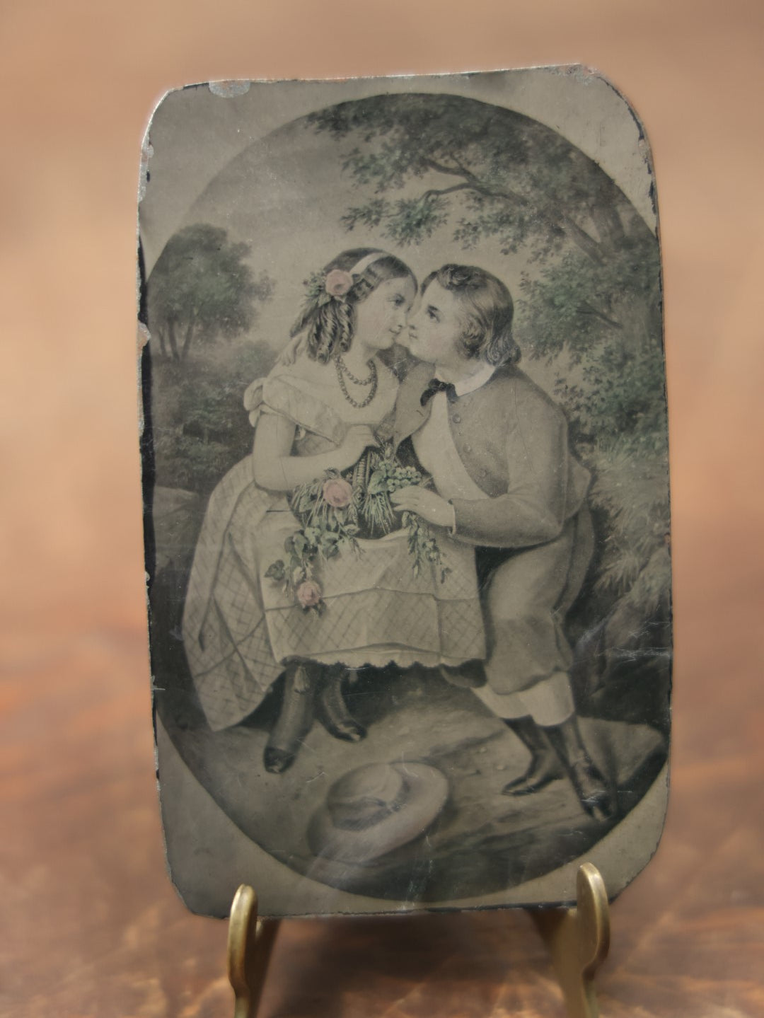 Lot 085 - Antique Single Tintype Photograph Of A Painting Depicting Two Young Lovers Flirting, Tinted Flowers