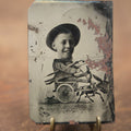 Lot 086 - Antique Single Tintype Photograph, Young Boy With Cartoon Body, In Cart Being Pulled By Donkey
