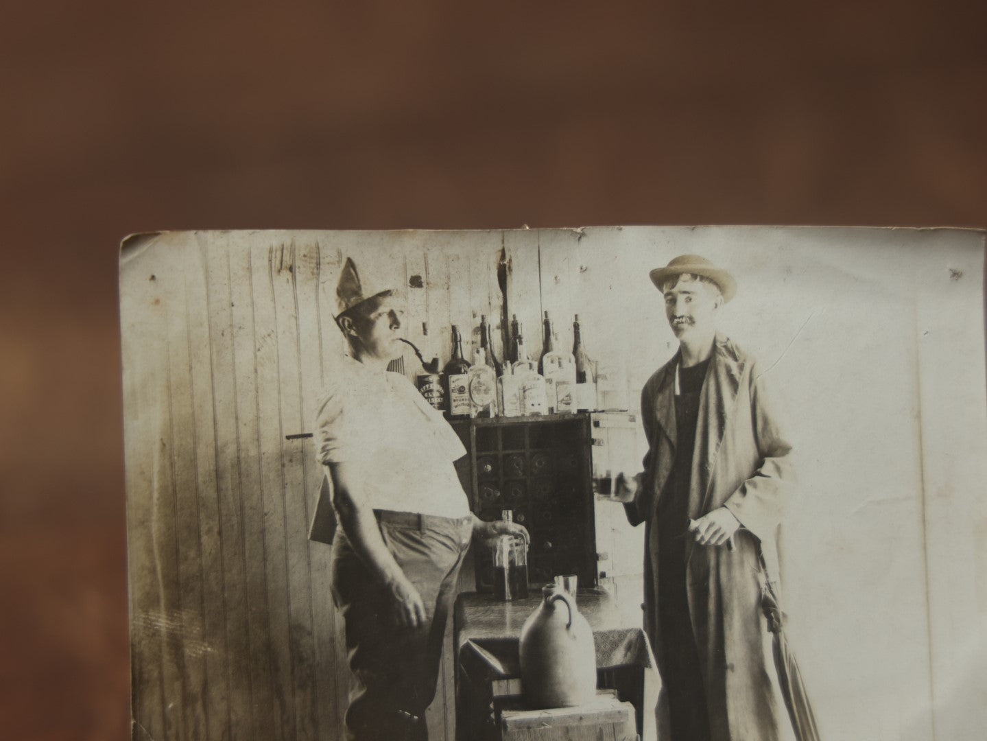 Lot 091 - Single Antique Snapshot Photo Of Two Men And Their Whiskey Collection, Drinking