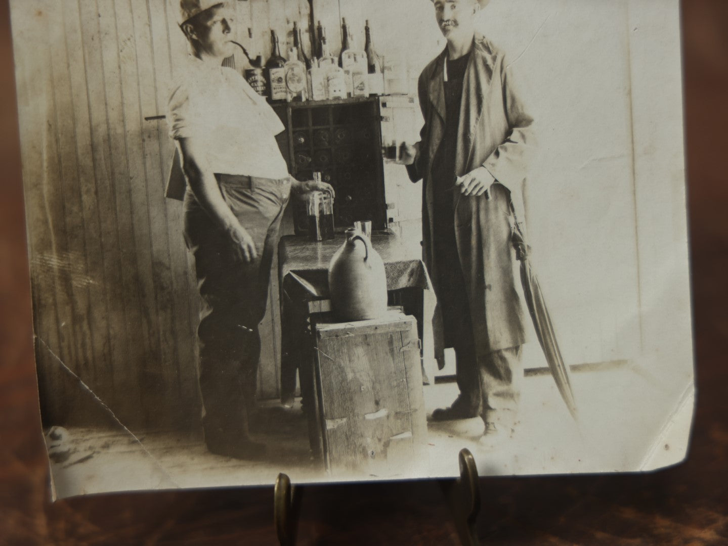 Lot 091 - Single Antique Snapshot Photo Of Two Men And Their Whiskey Collection, Drinking